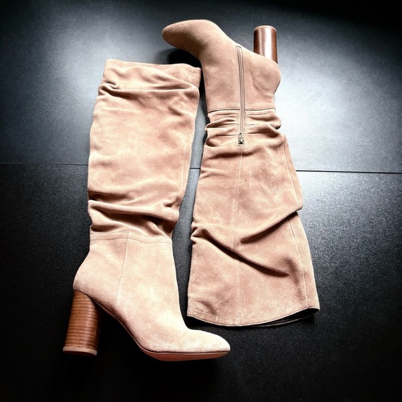 Cow suede Elegant Tan Knee-High Boots block heel taupe 8.5‎ new neutral minimal - Picture 1 of 10